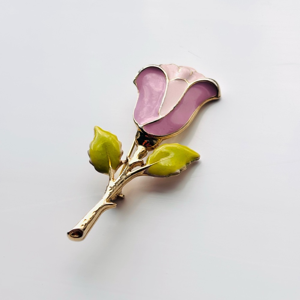 Vintage Gold Tone Pink Enamel Rose Brooch 2”
